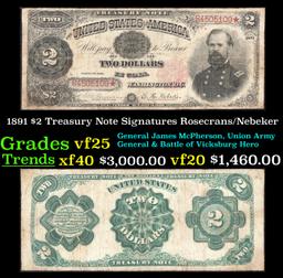 1891 $2 Treasury Note Grades vf+ Signatures Rosecrans/Nebeker