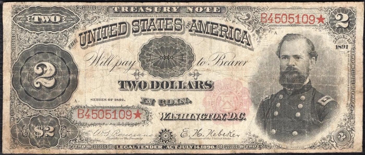 1891 $2 Treasury Note Grades vf+ Signatures Rosecrans/Nebeker