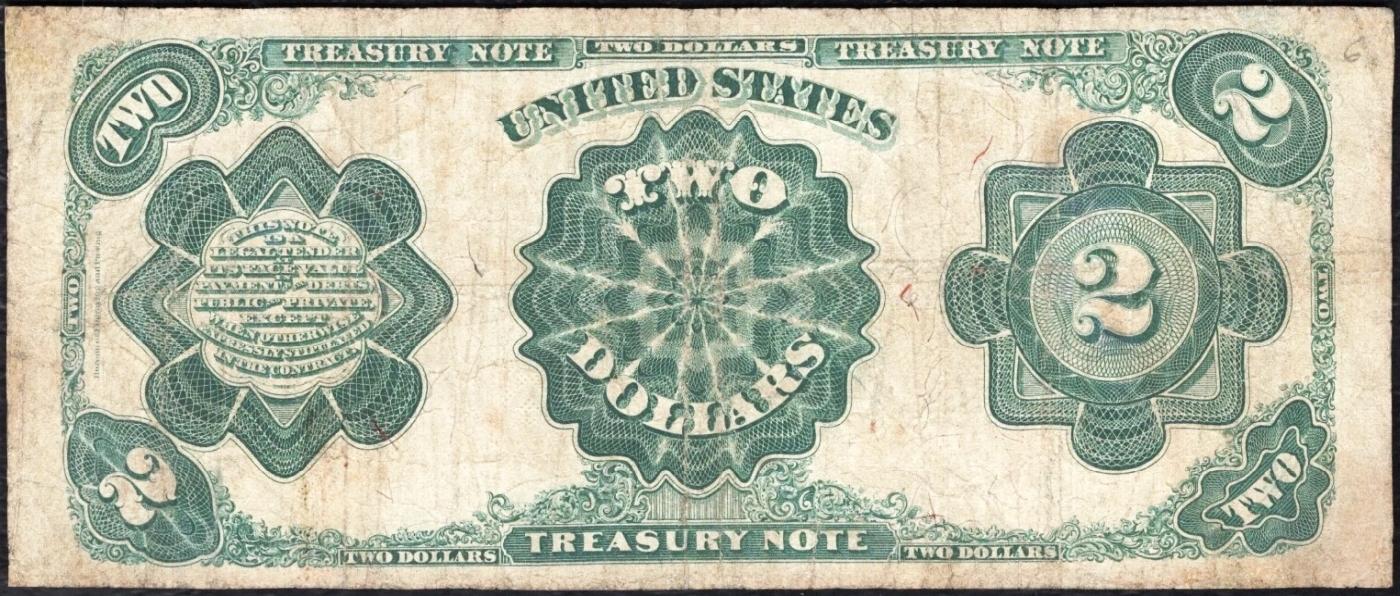 1891 $2 Treasury Note Grades vf+ Signatures Rosecrans/Nebeker