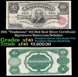 1891 $10 Red Seal Silver Certificate "Tombstone" Grades xf Signatures Rosecrans/Nebeker