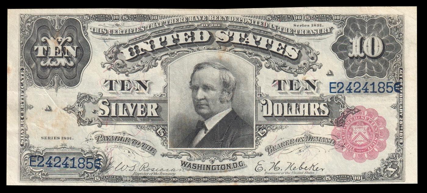 1891 $10 Red Seal Silver Certificate "Tombstone" Grades xf Signatures Rosecrans/Nebeker