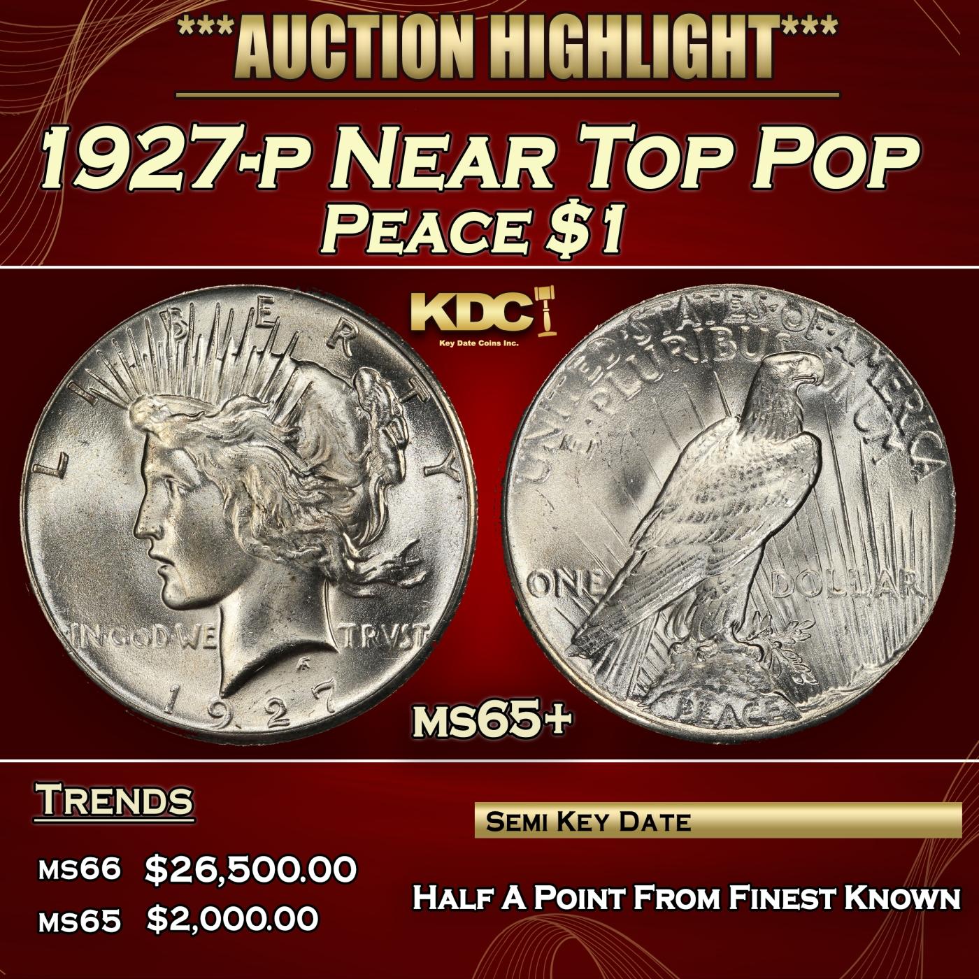 1927-p Peace Dollar Near Top Pop $1 ms65+ SEGS