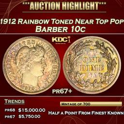 1912 Proof Barber Dime Rainbow Toned Near Top Pop 10c pr67+ SEGS