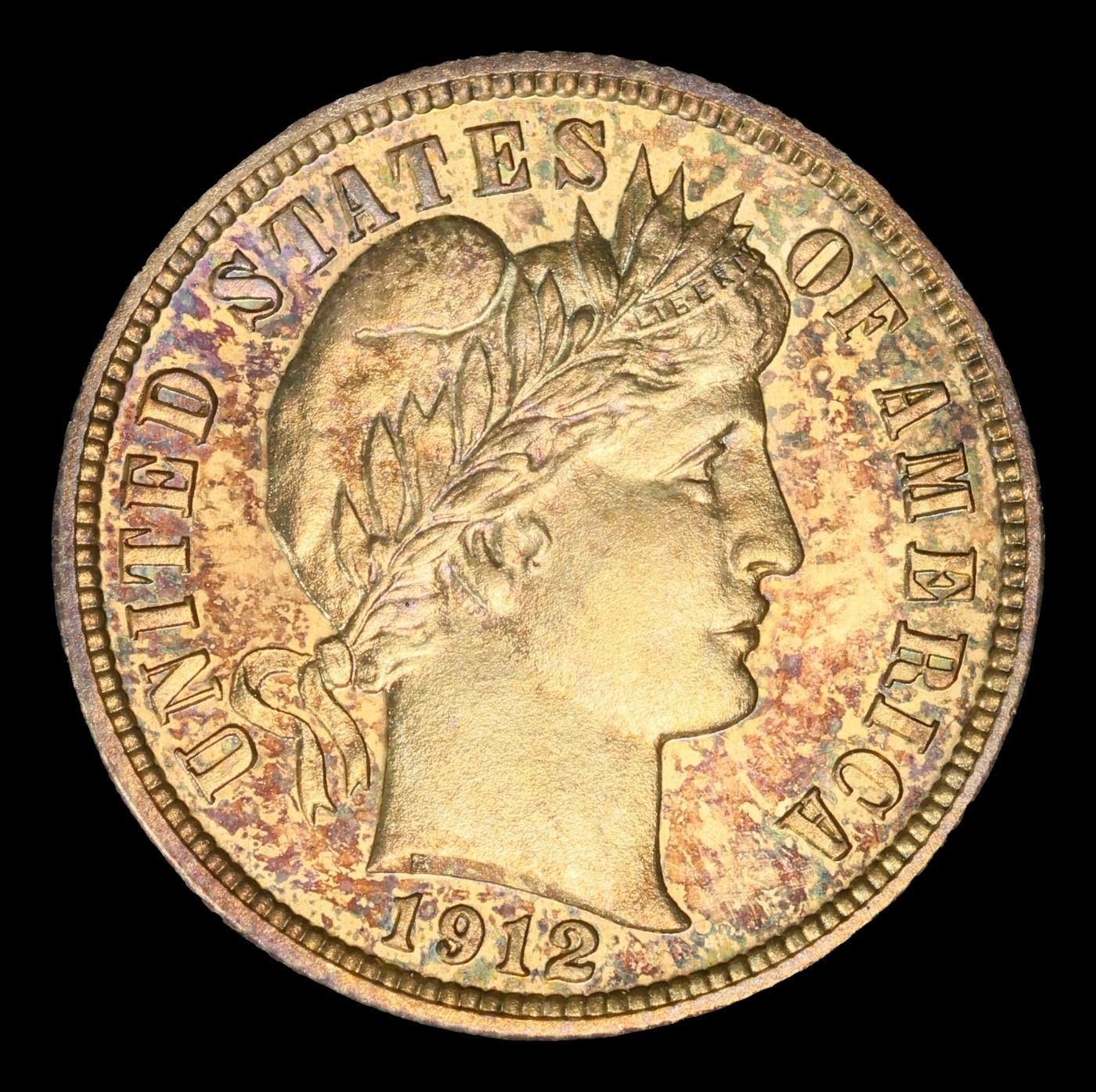 1912 Proof Barber Dime Rainbow Toned Near Top Pop 10c pr67+ SEGS