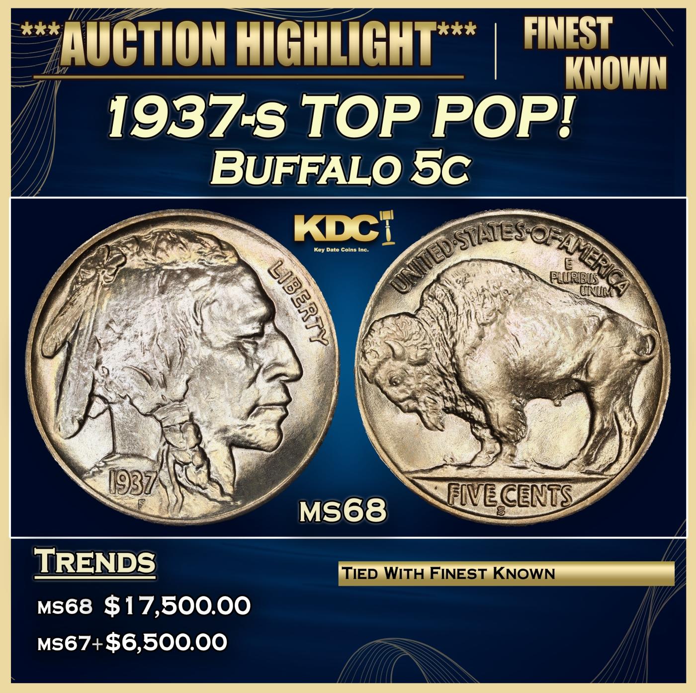 1937-s Buffalo Nickel TOP POP! 5c ms68 SEGS
