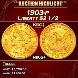 1903-p Gold Liberty Quarter Eagle $2 1/2 ms66+ SEGS
