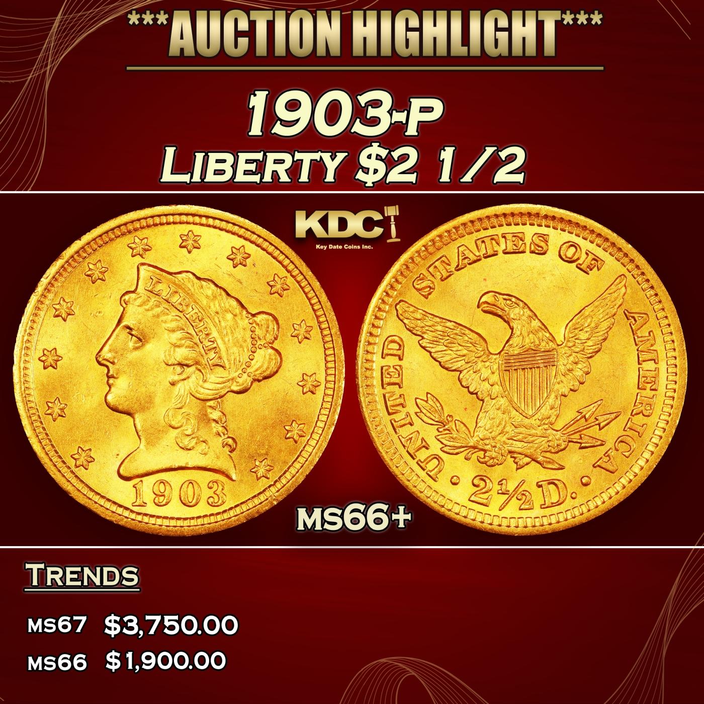 1903-p Gold Liberty Quarter Eagle $2 1/2 ms66+ SEGS
