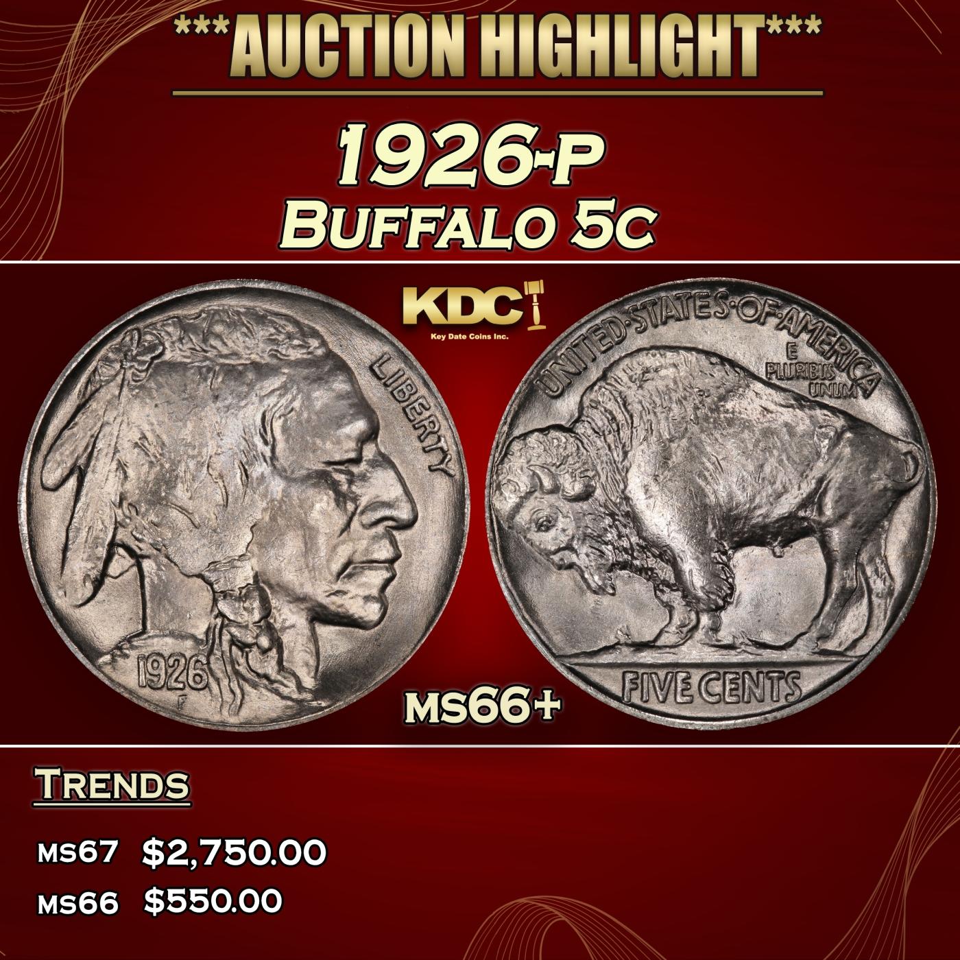 1926-p Buffalo Nickel 5c ms66+ SEGS