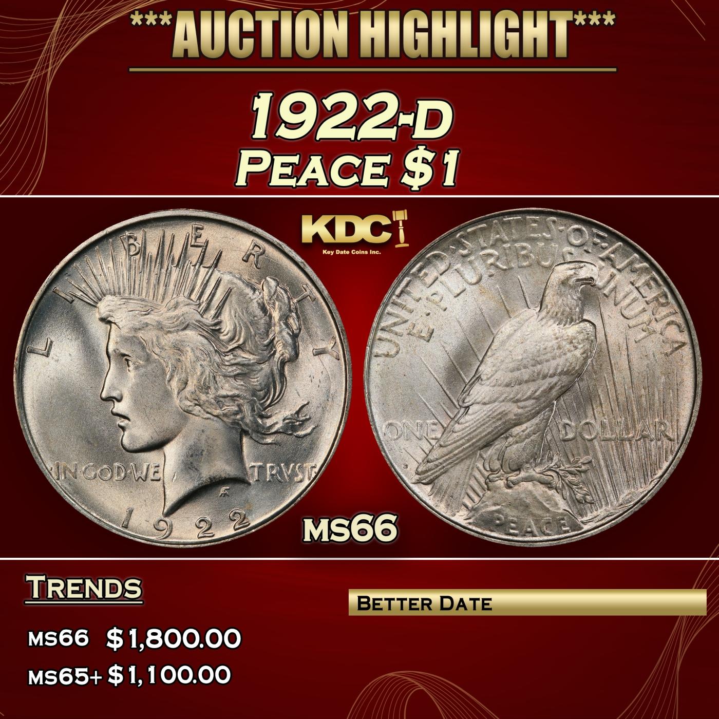 1922-d Peace Dollar $1 ms66 SEGS