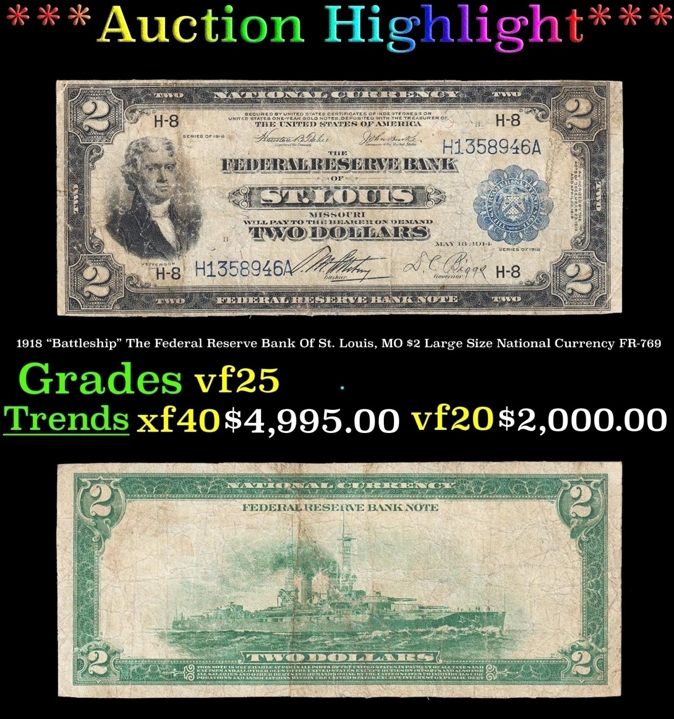 1918 $2 Large Size National Currency "Battleship" The Federal Reserve Bank Of St. Louis, MO Grades v