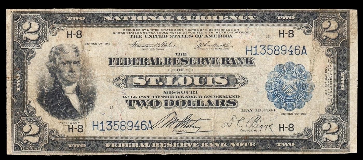 1918 $2 Large Size National Currency "Battleship" The Federal Reserve Bank Of St. Louis, MO Grades v