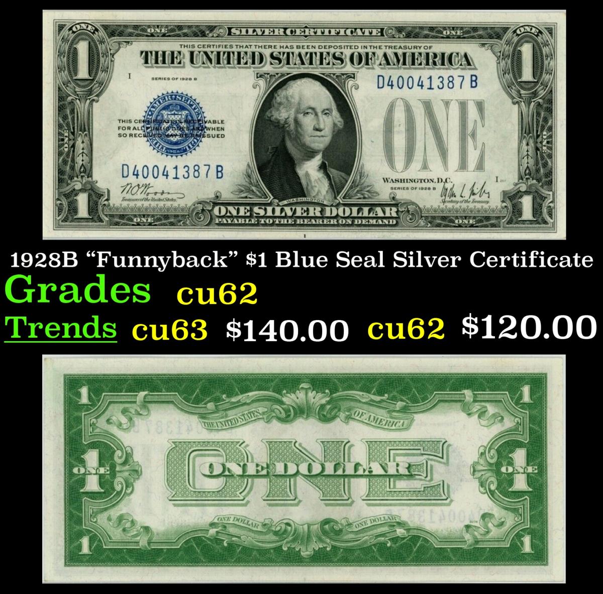 1928B $1 Blue Seal Silver Certificate "Funnyback" Grades Select CU