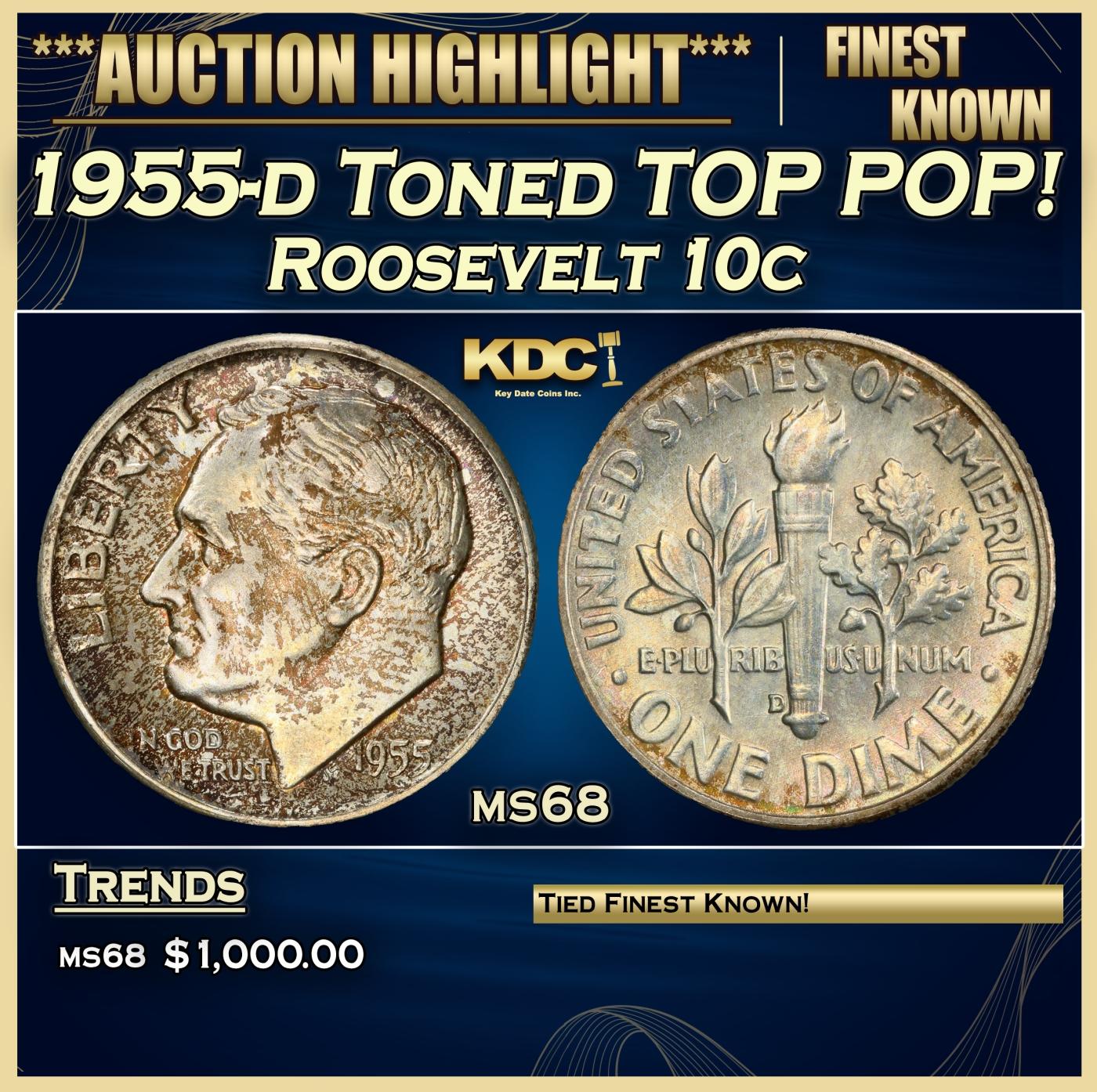 1955-d Roosevelt Dime Toned TOP POP! 10c ms68 SEGS