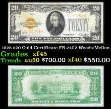 1928 $20 Gold Certificate FR-2402 Woods/Mellon Grades xf+