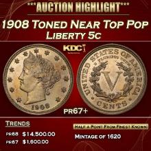 1908 Proof Liberty Nickel Toned Near Top Pop 5c pr67+ SEGS
