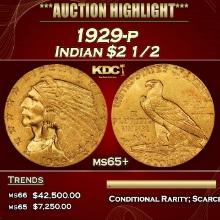1929-p Gold Indian Quarter Eagle $2 1/2 ms65+ SEGS