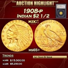1908-p Gold Indian Quarter Eagle $2 1/2 ms65+ SEGS