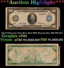 1914 $100 Large Size Blue Seal FRN Kansas City, MO Grades vf++ FR-1120
