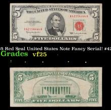 1963 $5 Red Seal United States Note Fancy Serial! #42354444 Grades vf+