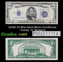 1934C $5 Blue Seal Silver Certificate "Lucky 7s" Serial #! Grades Select CU