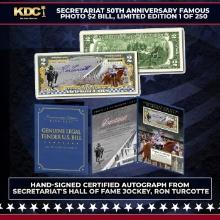 Secretariat 50th Anniversary Limited Edition Famous Photo $2 US Bill Hand SIGNED BY Secretariat Jock