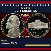 1998-s Proof Jefferson Nickel 5c pr70 dcam SEGS