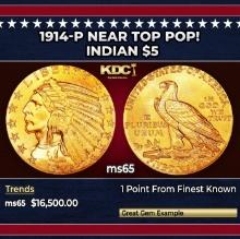 1914-p Gold Indian Half Eagle Near Top Pop! $5 ms65 USCG