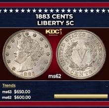 1883 CENTS Liberty Nickel 5c Grades ms62