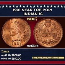 1901 Indian Cent Near Top Pop! 1c Grades ms66 rb