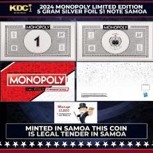 2024 Monopoly Limited Edition 5 gram .999 Fine Silver Foil  $1 Note Samoa Other Toy