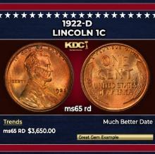 1922-d Lincoln Cent 1c ms65 rd SEGS