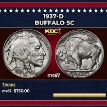 1937-d Buffalo Nickel 5c ms67 SEGS