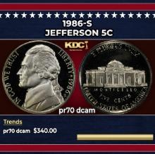 1986-s Proof Jefferson Nickel 5c pr70 dcam SEGS