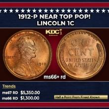 1912-p Lincoln Cent Near Top Pop! 1c ms66+ rd SEGS