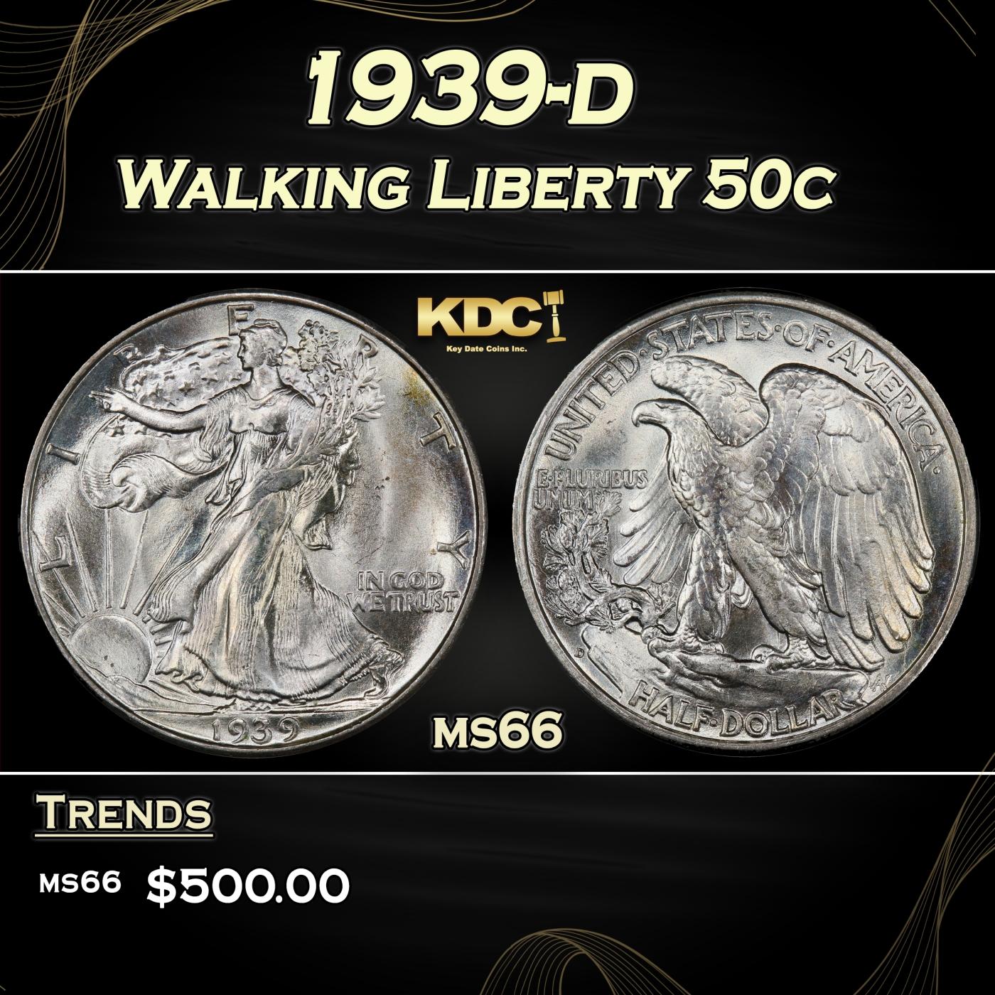 1939-d Walking Liberty Half Dollar 50c Grades ms66