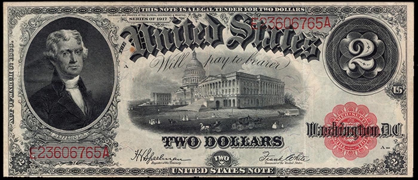 1917 $2 Large Size Legal Tender Note Thomas Jefferson Grades Select AU Signatures Speelman/White