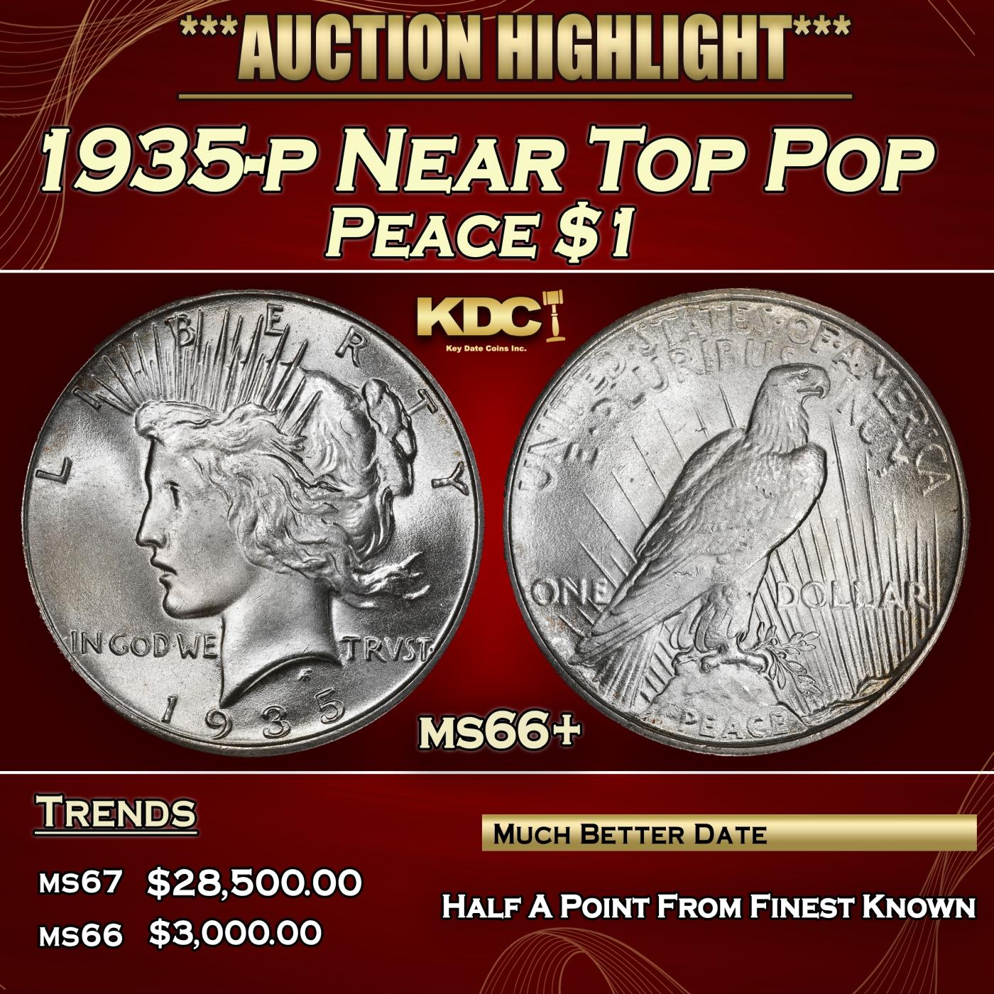 1935-p Peace Dollar Near Top Pop $1 ms66+ SEGS