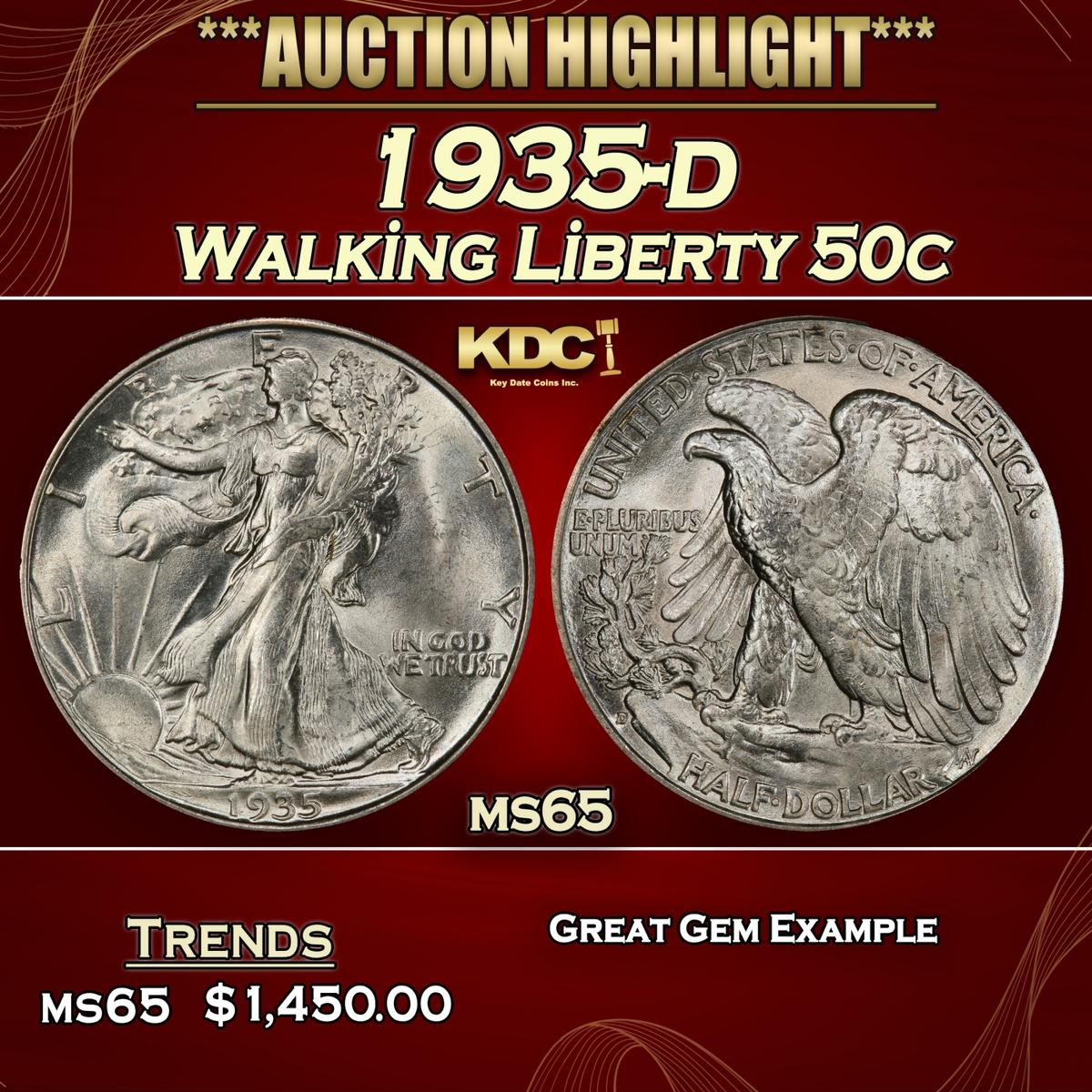1935-d Walking Liberty Half Dollar 50c ms65 SEGS