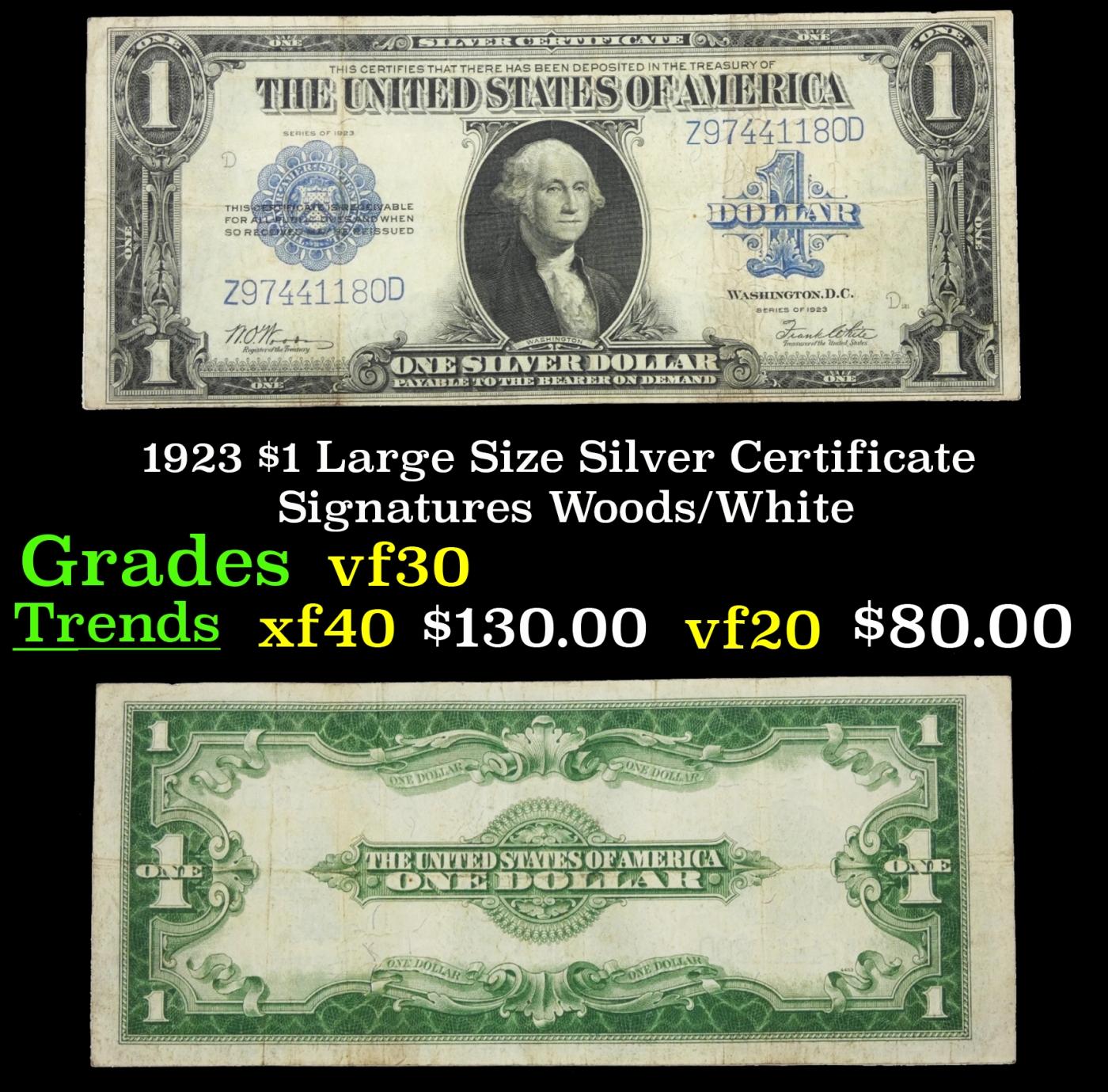 1923 $1 large size Silver Certificate Grades vf++ Signatures Woods/White