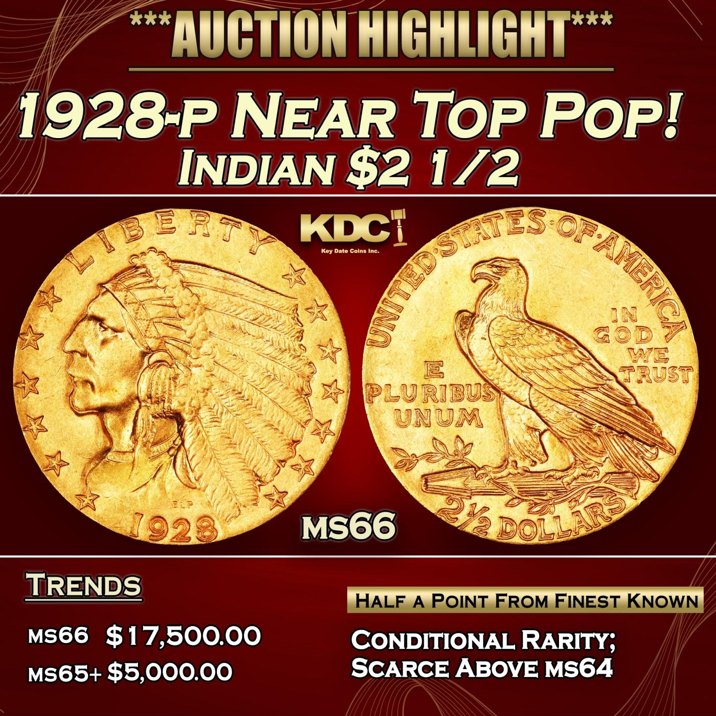 1928-p Gold Indian Quarter Eagle Near Top Pop! $2 1/2 ms66 USCG