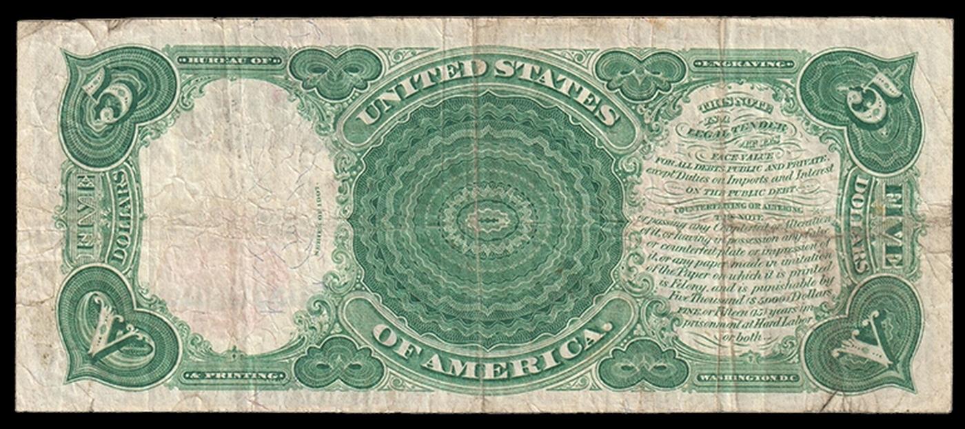 1907 $5 Large Size Legal Tender Note "WoodChopper" Grades vf+ Signatures Speelman/White