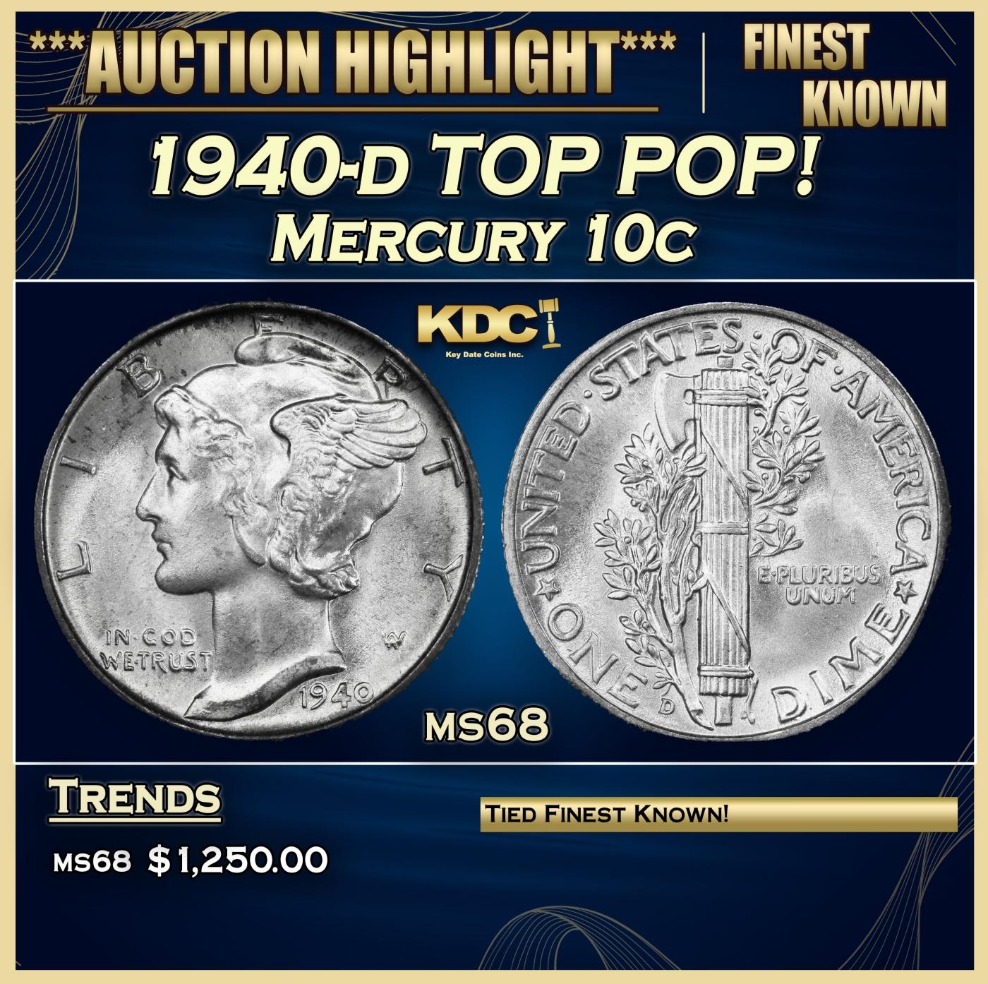 1940-d Mercury Dime TOP POP! 10c ms68 SEGS