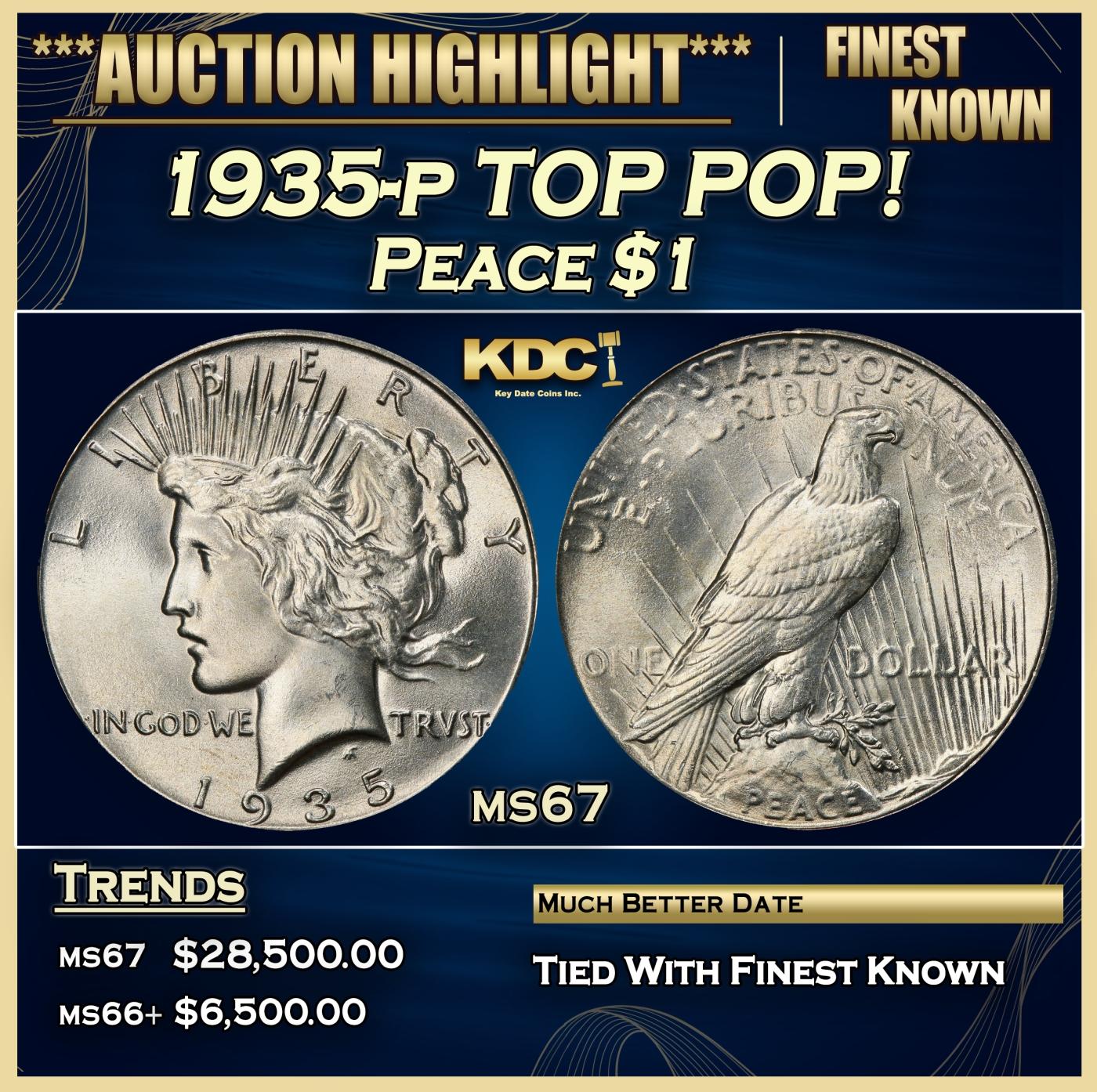 1935-p Peace Dollar TOP POP! $1 ms67 SEGS