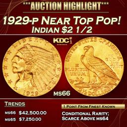 1929-p Gold Indian Quarter Eagle Near Top Pop! $2 1/2 ms66 SEGS