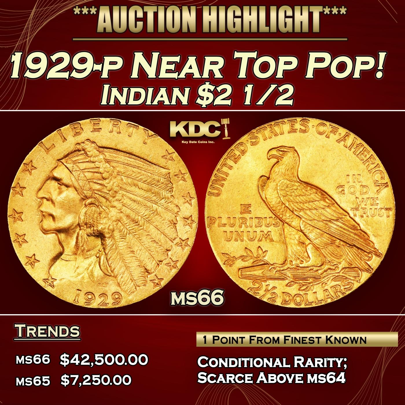 1929-p Gold Indian Quarter Eagle Near Top Pop! $2 1/2 ms66 SEGS
