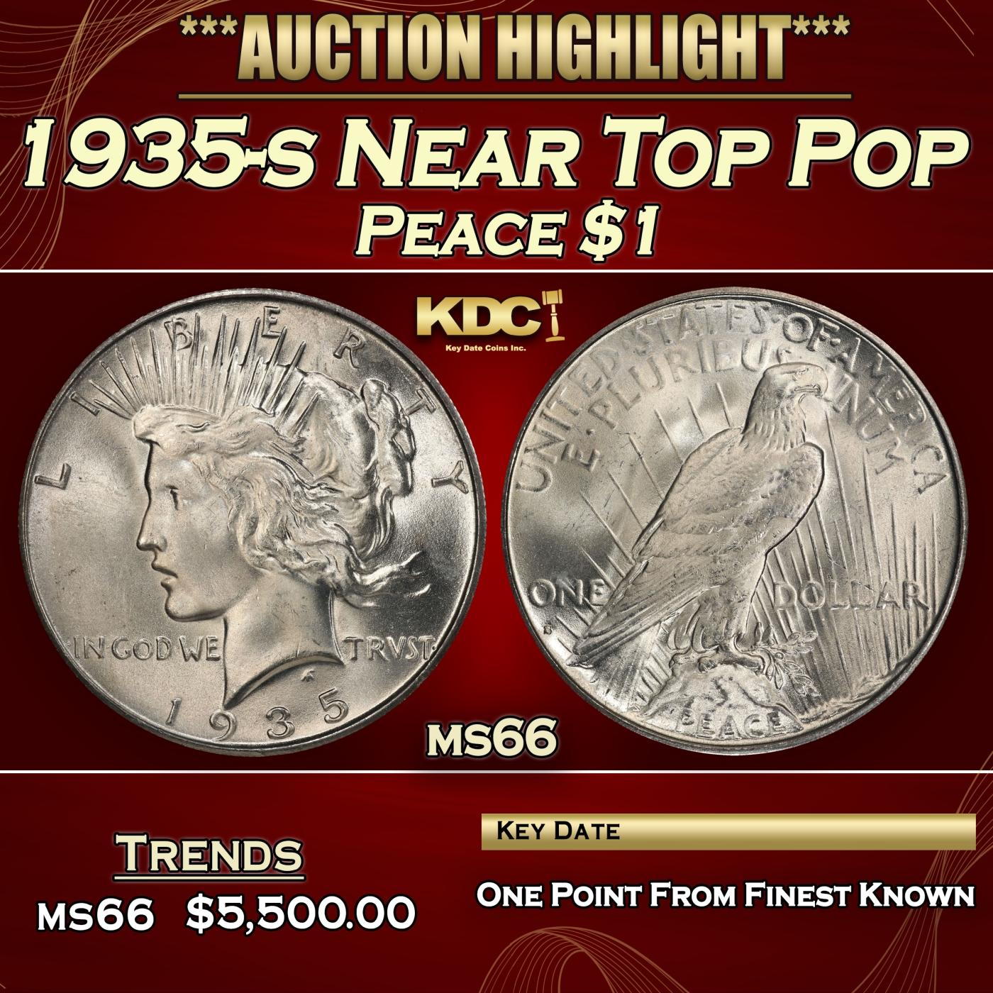 1935-s Peace Dollar Near Top Pop $1 ms66 SEGS
