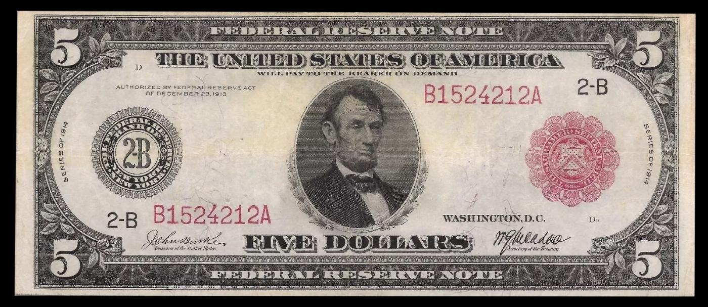 1914 $5 Large Size Red Seal FRN Rare Red Seal Grades xf FR-835