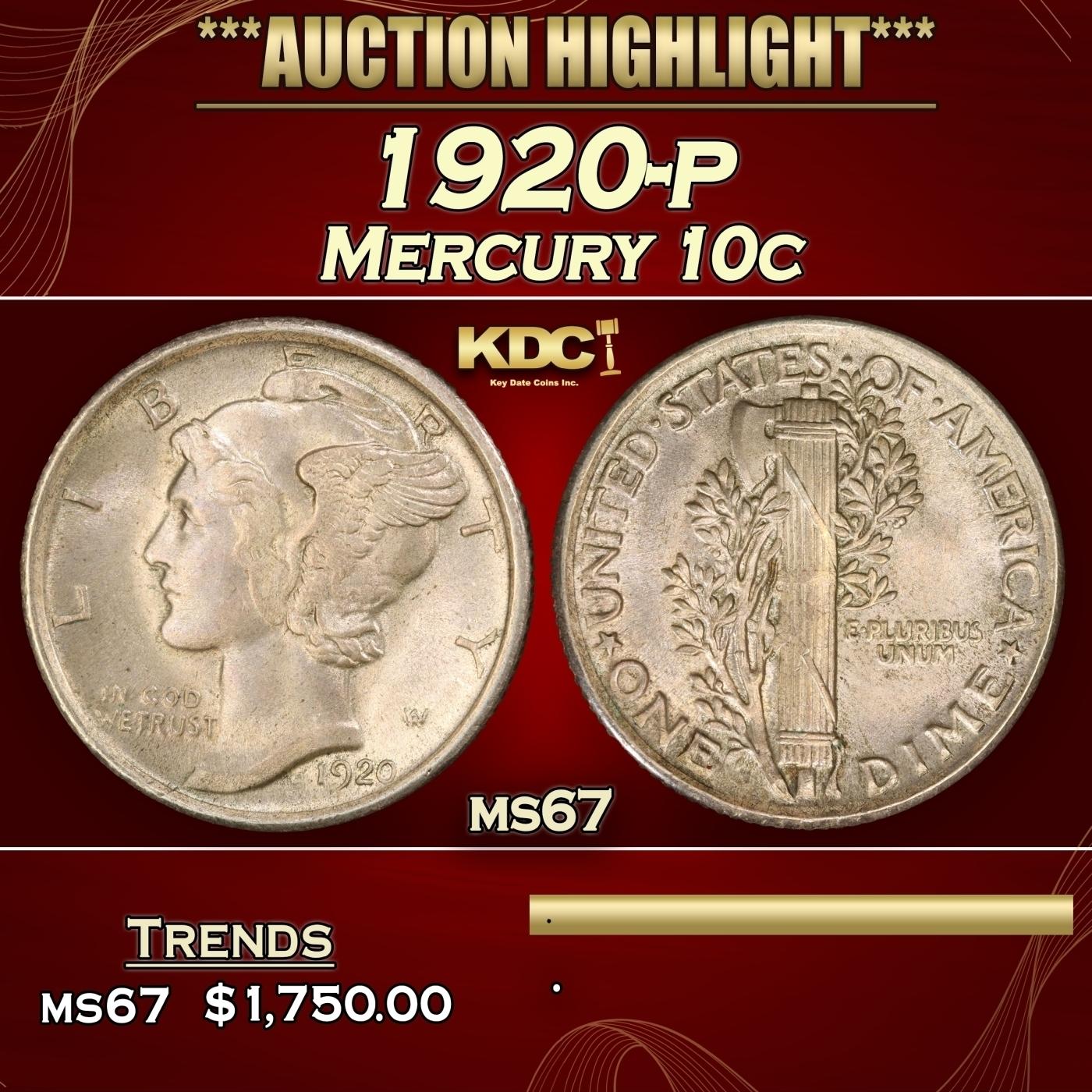 1920-p Mercury Dime 10c ms67 SEGS