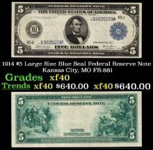 1914 $5 Large Size Blue Seal Federal Reserve Note Kansas City, MO Grades xf FR-881