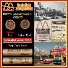 Lincoln Wheat Cent 1c Mixed Roll Orig Brandt McDonalds Wrapper, 1955-p end, Indian other end
